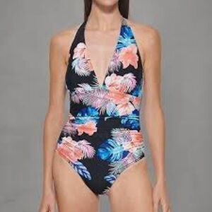 DKNY Ladies Swimsuit (L, Halter Shirred Tropical Black Coral)